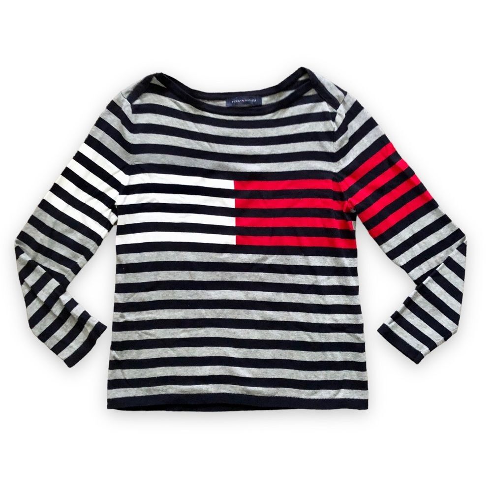 Tommy Hilfiger Logo Striped Sweater Bateau Neck Navy Blue Red White Gray Classic